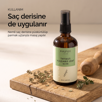 Kekik Suyu %100 saf hidrosol 100 ml — saç derisine de uygulanır, alçak açıdan kullanım karesi