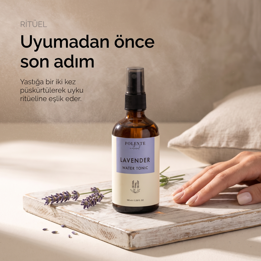 Lavanta Suyu %100 saf hidrosol 100 ml — badanalı ahşap ve keten yastık kılıfıyla uykudan önceki son adım