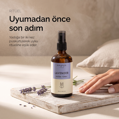 Lavanta Suyu %100 saf hidrosol 100 ml — badanalı ahşap ve keten yastık kılıfıyla uykudan önceki son adım