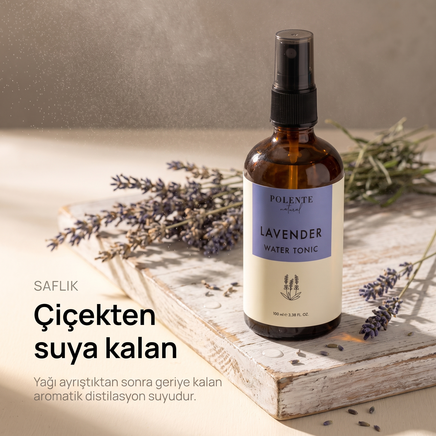 Lavanta Suyu %100 saf hidrosol 100 ml — çiçekten suya kalan aromatik distilasyon suyu, tepeden görünüm