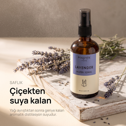 Lavanta Suyu %100 saf hidrosol 100 ml — çiçekten suya kalan aromatik distilasyon suyu, tepeden görünüm