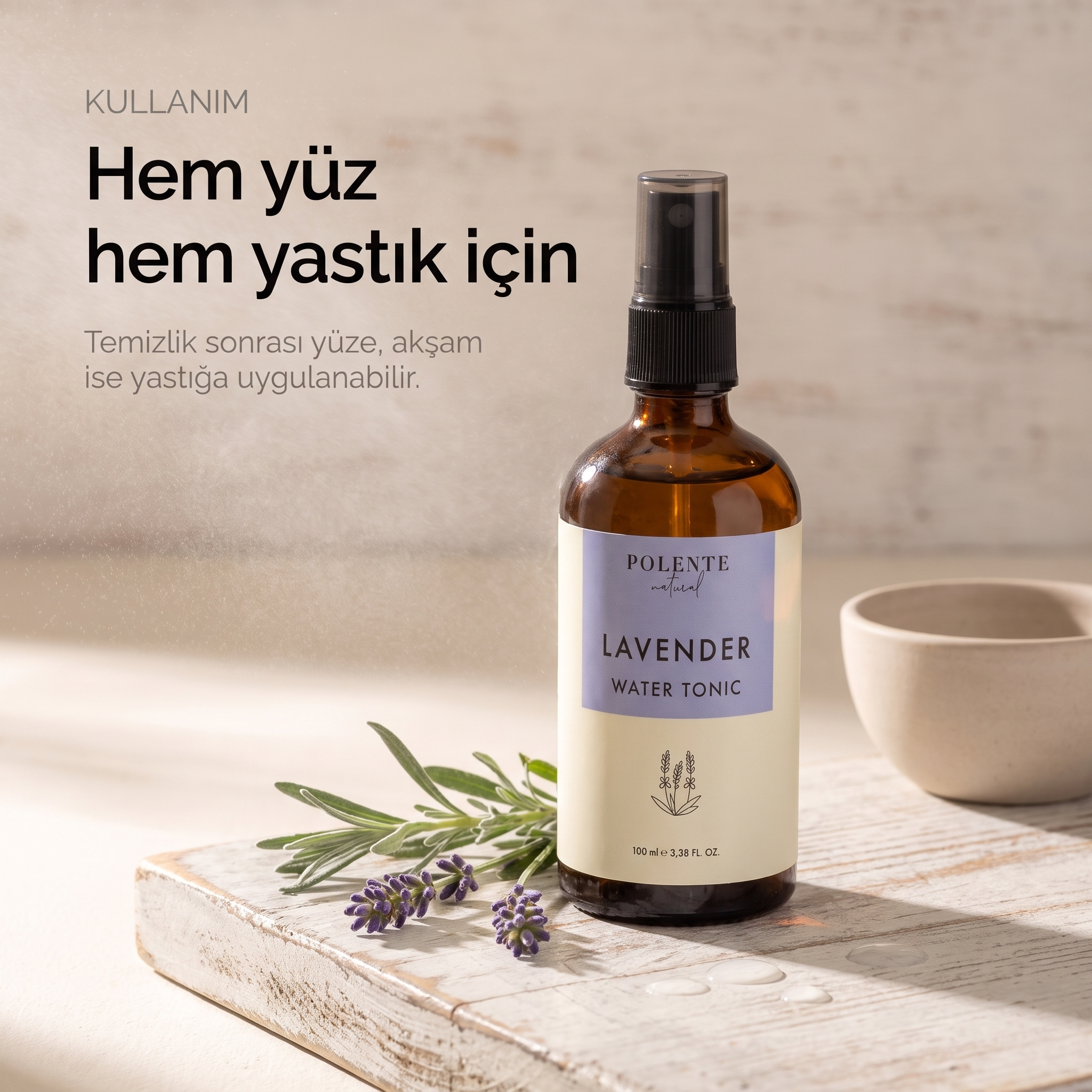 Lavanta Suyu %100 saf hidrosol 100 ml — hem yüz hem yastık için, alçak açıdan kullanım karesi
