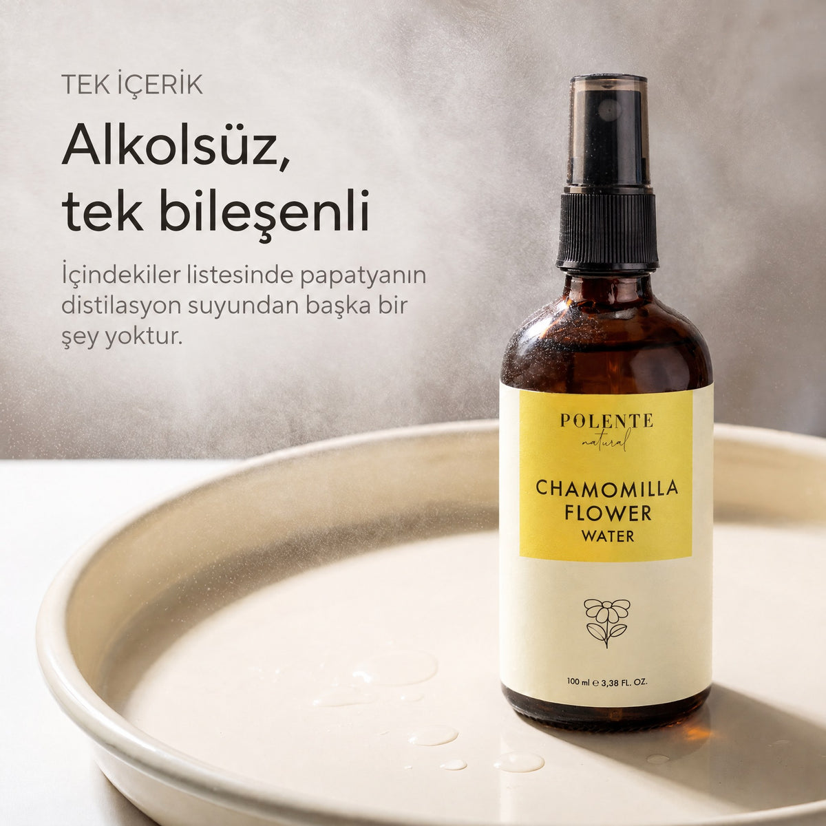 Papatya Suyu %100 saf hidrosol 100 ml — alkolsüz, tek bileşenli: şişe yalnız, havada ince su buğusu