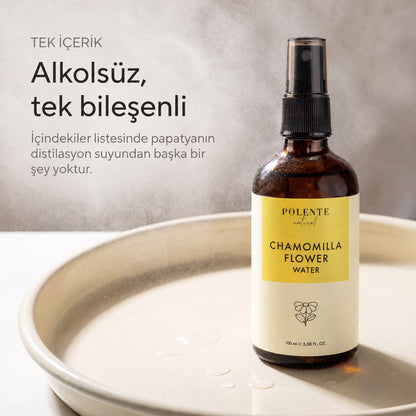 Papatya Suyu %100 saf hidrosol 100 ml — alkolsüz, tek bileşenli: şişe yalnız, havada ince su buğusu