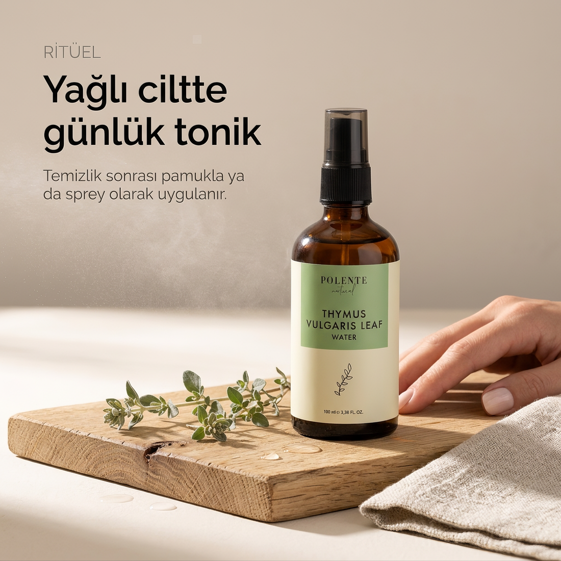Kekik Suyu %100 saf hidrosol 100 ml — çiğ meşe tahta ve pamuk havluyla yağlı ciltte günlük tonik karesi