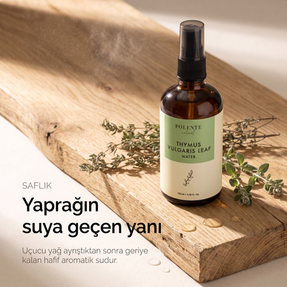 Kekik Suyu %100 saf hidrosol 100 ml — yaprağın suya geçen yanı, tepeden görünüm