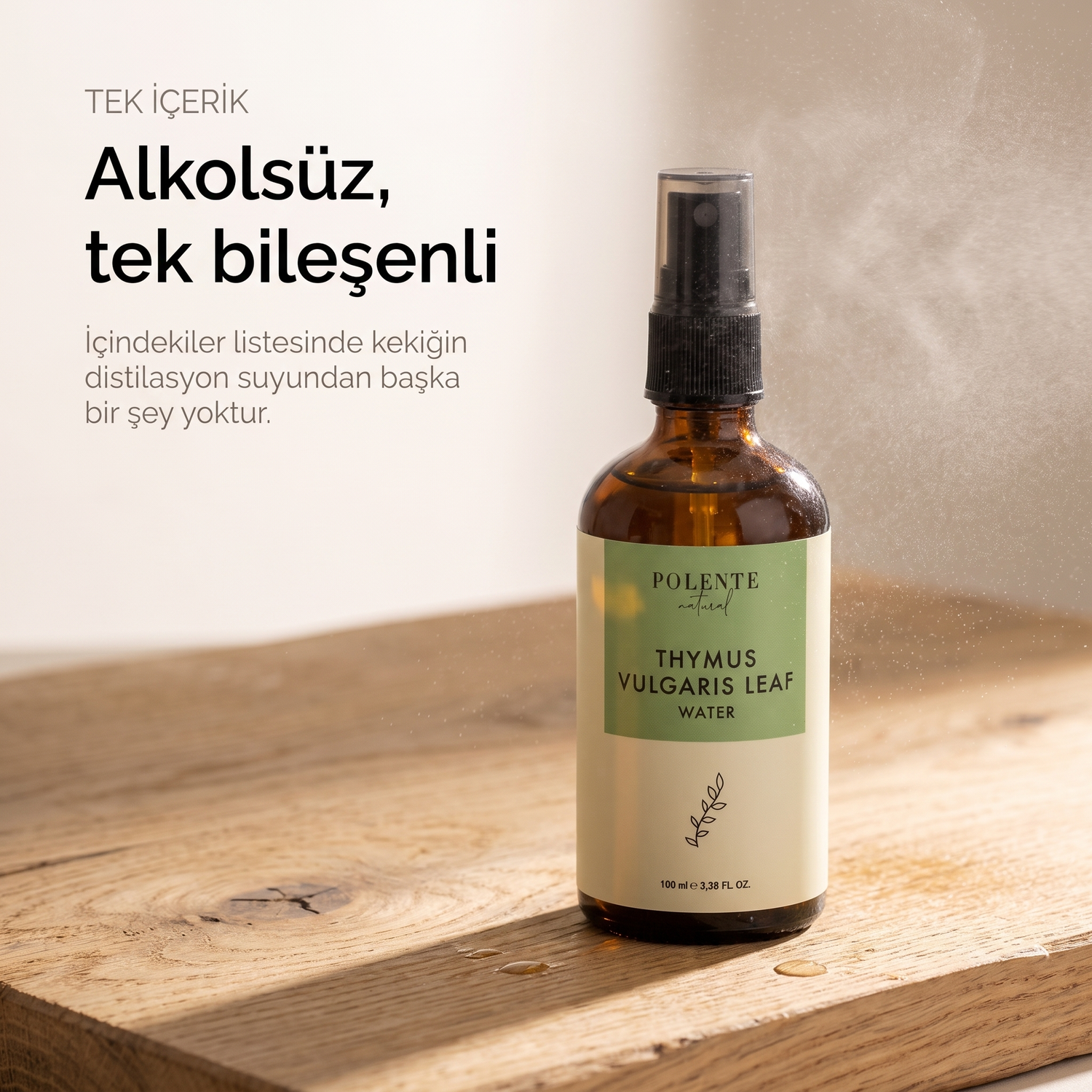 Kekik Suyu %100 saf hidrosol 100 ml — alkolsüz, tek bileşenli: şişe yalnız, havada ince su buğusu