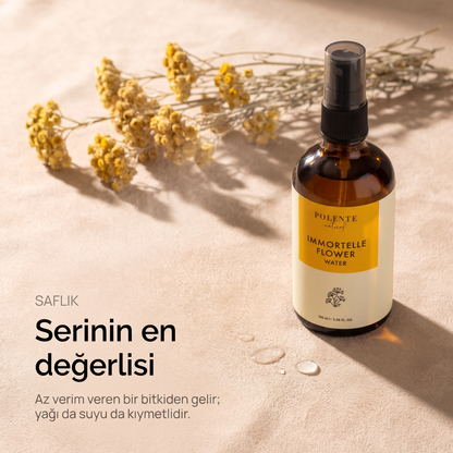 Ölmez Çiçek Suyu %100 saf hidrosol 100 ml — serinin en değerlisi, tepeden görünüm