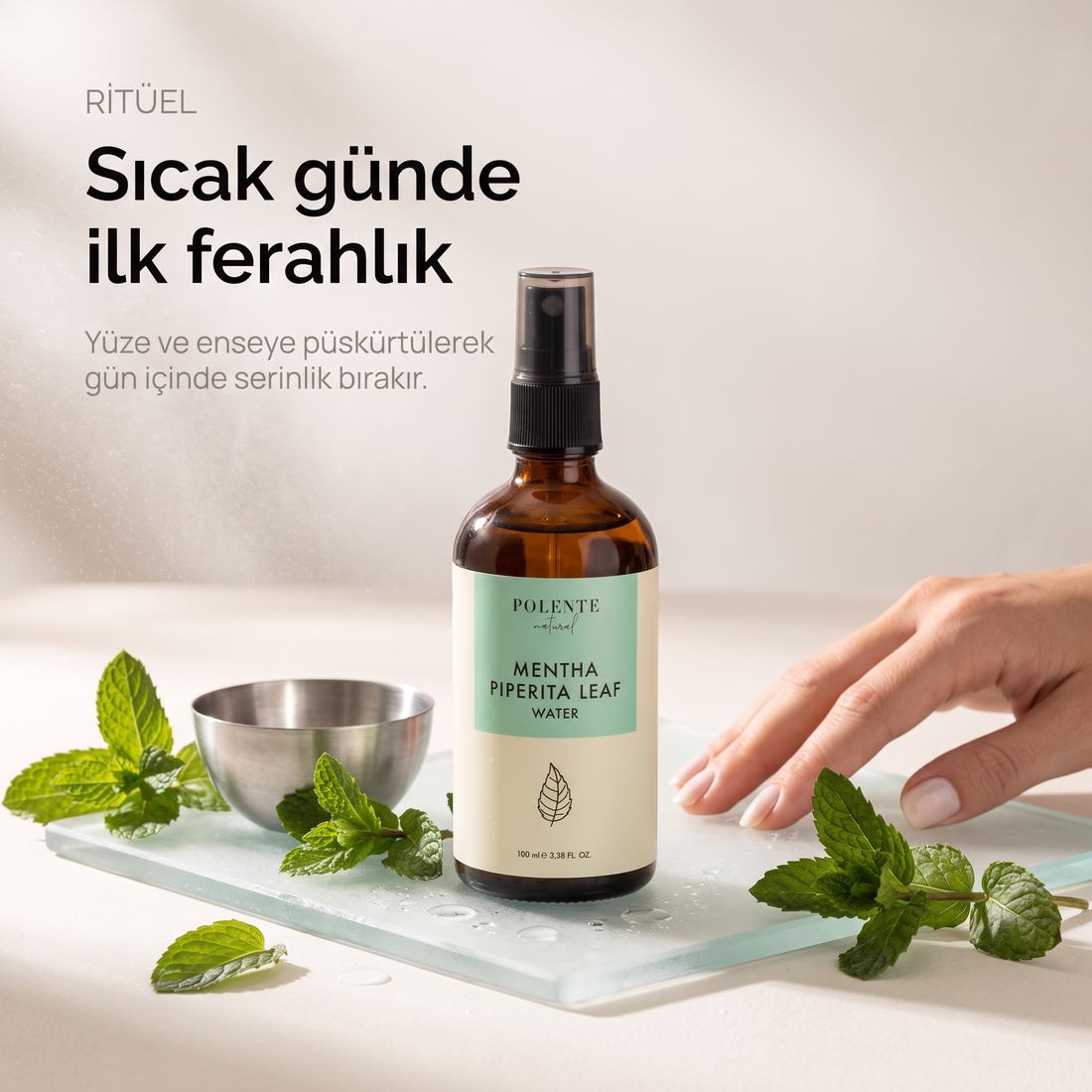 Nane Suyu %100 saf hidrosol 100 ml — buzlu cam ve çelik tasla sıcak günde ilk ferahlık karesi