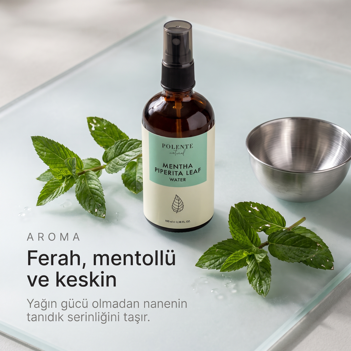 Nane Suyu %100 saf hidrosol 100 ml — ferah, mentollü ve keskin aroma, buzlu cam üzerinde natürmort