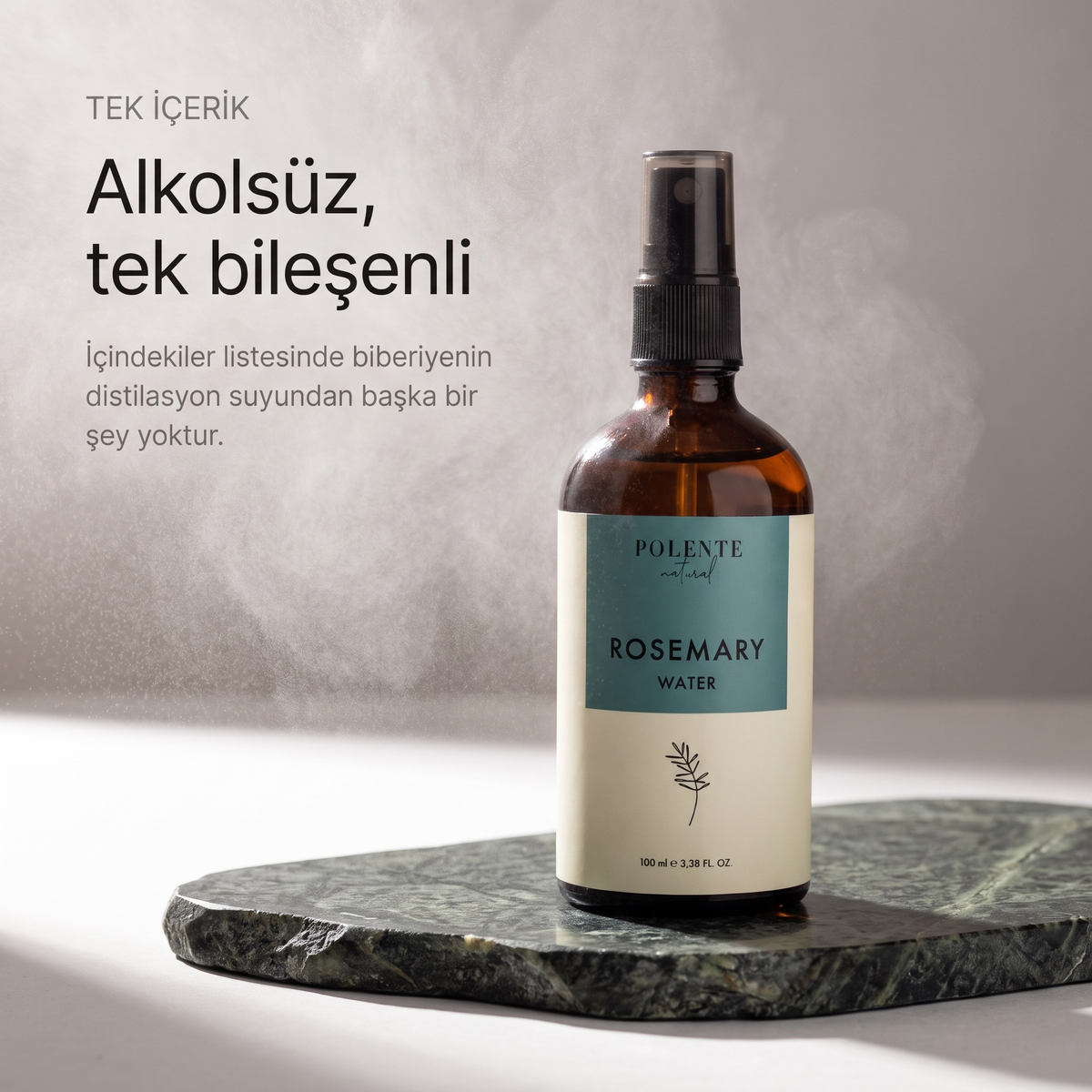 Biberiye Suyu %100 saf hidrosol 100 ml — alkolsüz, tek bileşenli: şişe yalnız, havada ince su buğusu