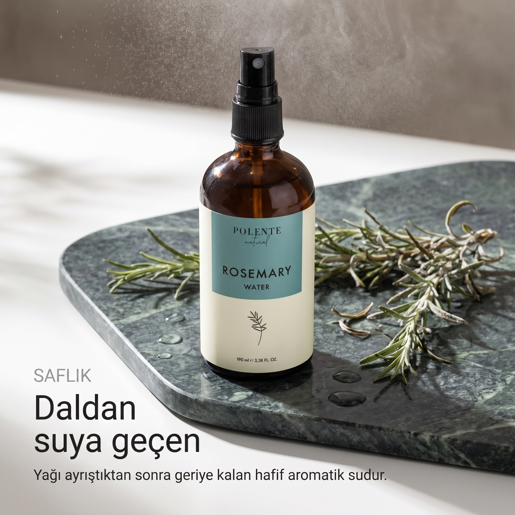 Biberiye Suyu %100 saf hidrosol 100 ml — daldan suya geçen aromatik su, tepeden görünüm