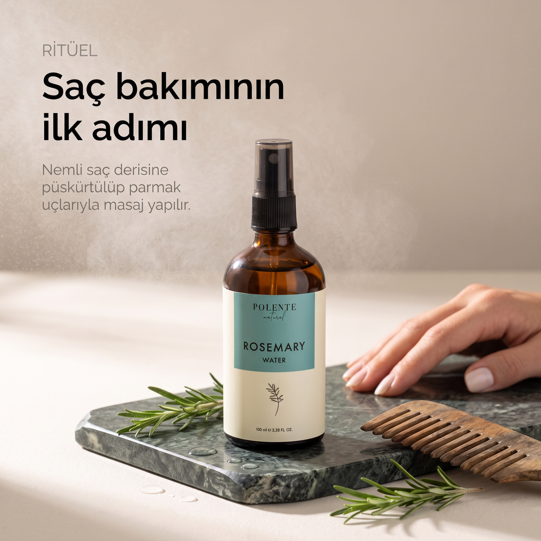 Biberiye Suyu %100 saf hidrosol 100 ml — serpantin taş ve tahta tarakla saç bakımının ilk adımı karesi