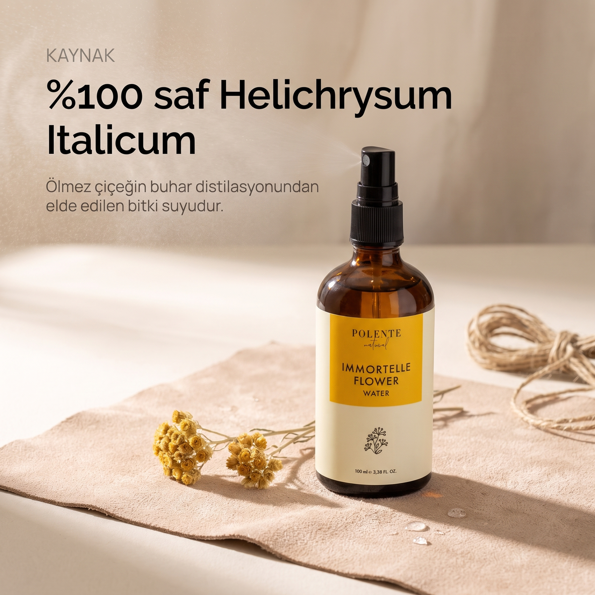 Ölmez Çiçek Suyu %100 saf hidrosol 100 ml — Helichrysum Italicum kaynağı: ölmez çiçek demetiyle