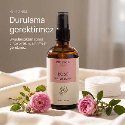 Gül Suyu %100 saf hidrosol 100 ml — durulama gerektirmez, alçak açıdan kullanım karesi