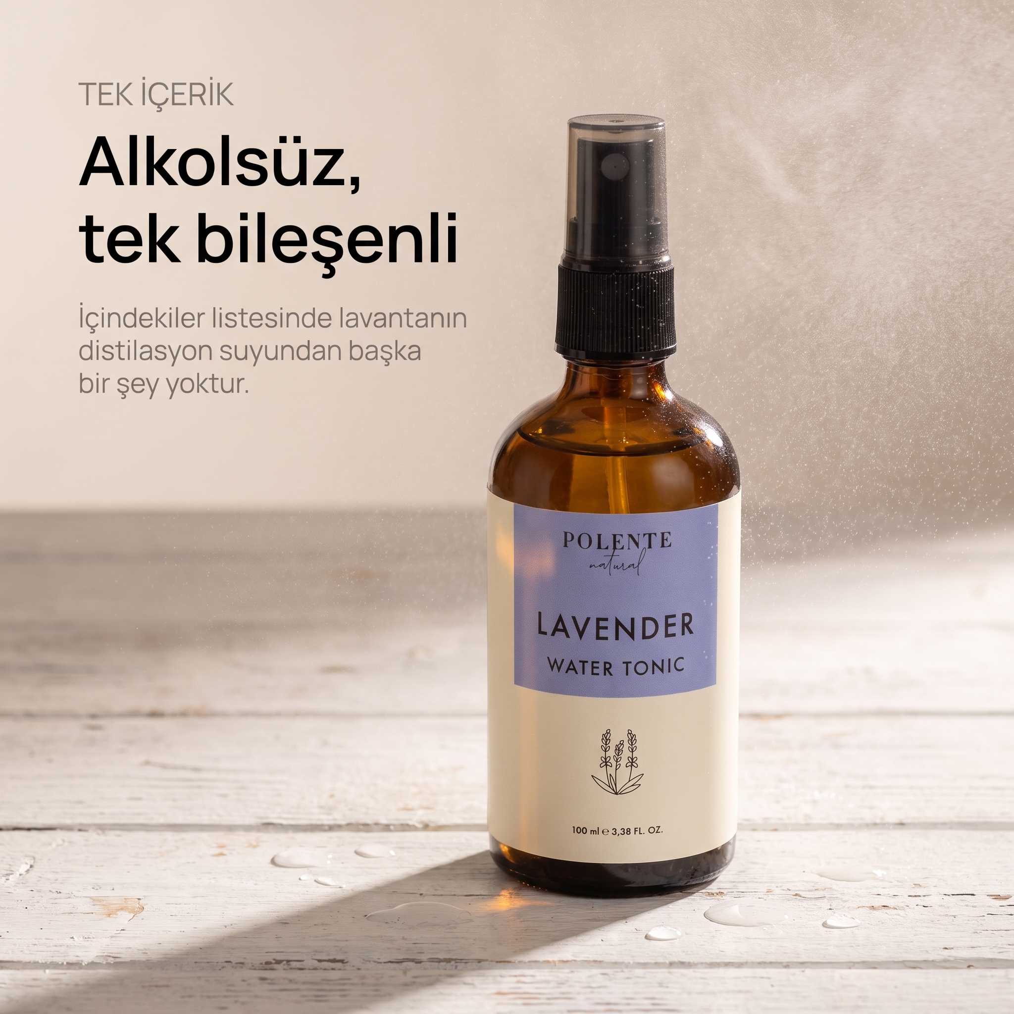 Lavanta Suyu %100 saf hidrosol 100 ml — alkolsüz, tek bileşenli: şişe yalnız, havada ince su buğusu