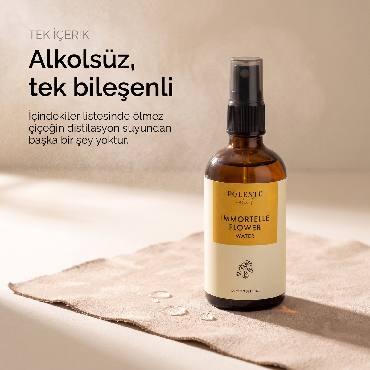Ölmez Çiçek Suyu %100 saf hidrosol 100 ml — alkolsüz, tek bileşenli: şişe yalnız, havada ince su buğusu