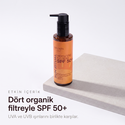 SPF 50+ Protective Sun Cream 200 ml — dört organik filtreyle SPF 50+, UVA ve UVB ışınlarına karşı koruma