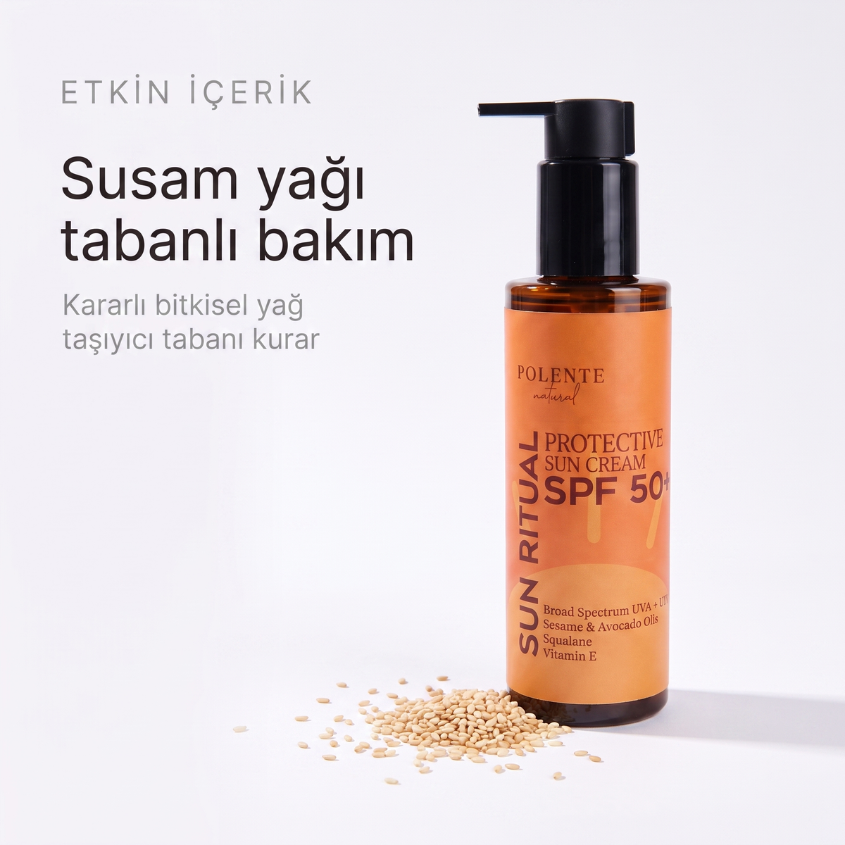 SPF 50+ Protective Sun Cream 200 ml — susam yağı tabanlı bakım, kararlı bitkisel yağ taşıyıcı taban