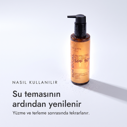 SPF 50+ Protective Sun Cream 200 ml — su temasının ardından yenilenir, yüzme ve terleme sonrası nasıl kullanılır