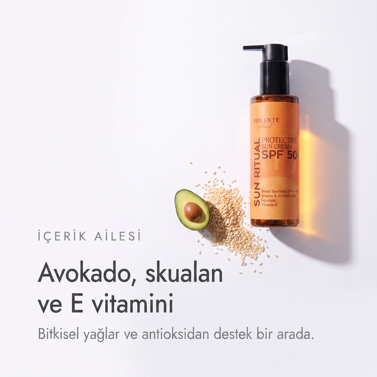 SPF 50+ Protective Sun Cream 200 ml — avokado, skualan ve E vitamini içerik ailesi