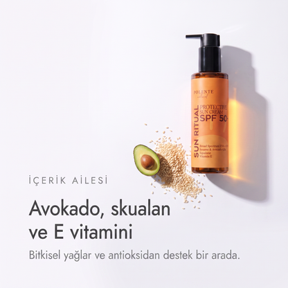 SPF 50+ Protective Sun Cream 200 ml — avokado, skualan ve E vitamini içerik ailesi