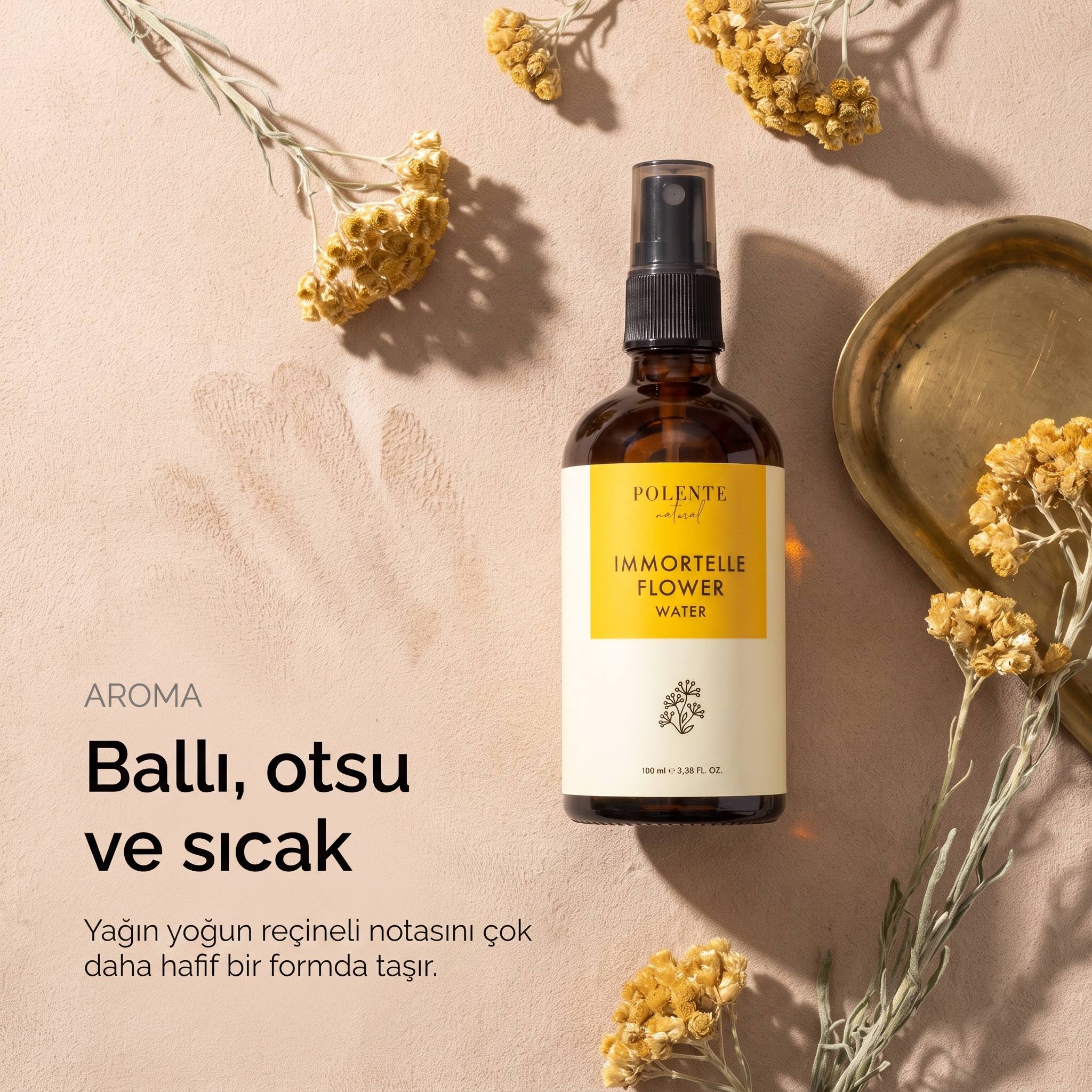 Ölmez Çiçek Suyu %100 saf hidrosol 100 ml — ballı, otsu ve sıcak aroma, süet yüzeyde natürmort
