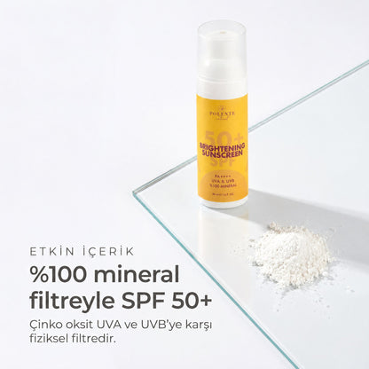 50+ SPF Brightening Sunscreen 50 ml — %100 mineral filtreyle SPF 50+, çinko oksit UVA ve UVB&