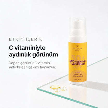 50+ SPF Brightening Sunscreen 50 ml — C vitaminiyle aydınlık görünüm, yağda çözünür C vitamini antioksidan bakım