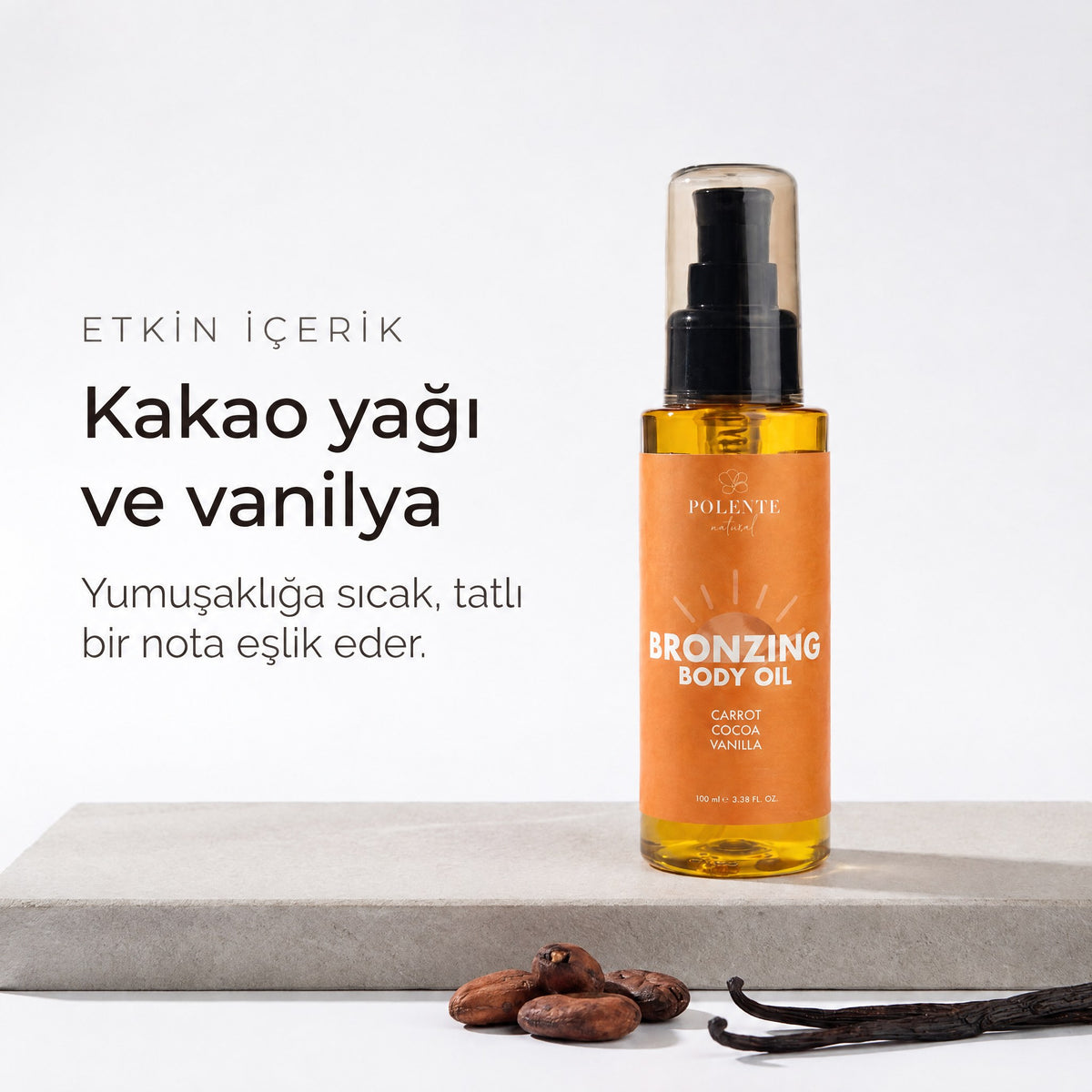 Bronzing Body Oil 100 ml — kakao yağı ve vanilya, yumuşaklığa sıcak ve tatlı bir nota eşlik eder