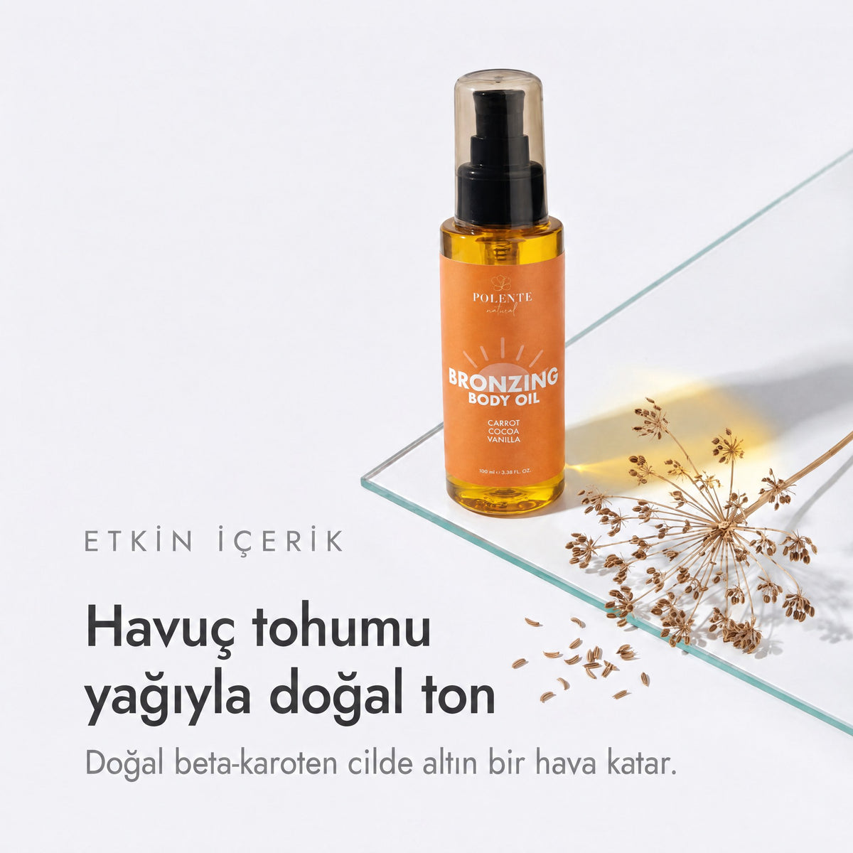 Bronzing Body Oil 100 ml — havuç tohumu yağıyla doğal ton, doğal beta-karoten cilde altın bir hava katar
