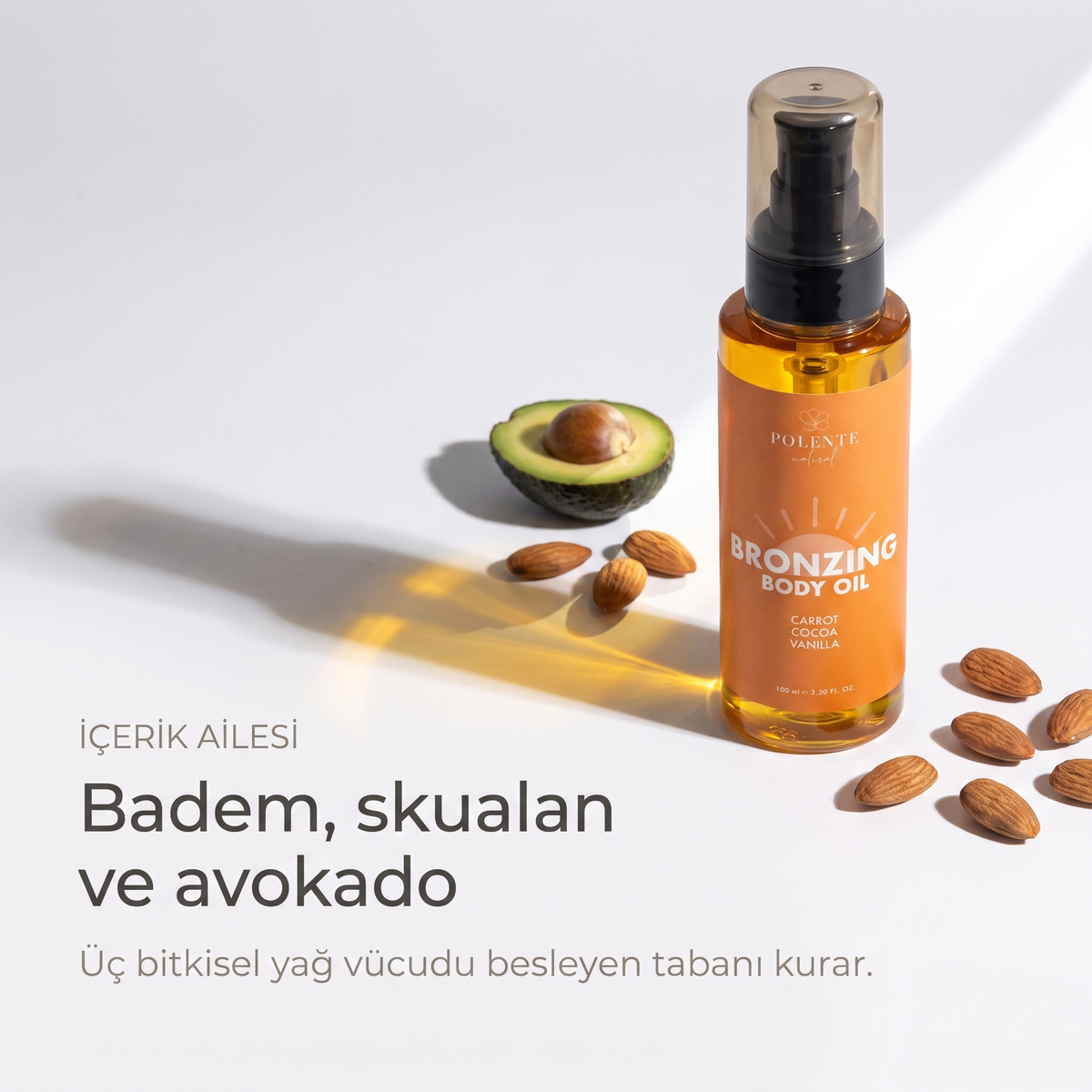 Bronzing Body Oil 100 ml — içerik ailesi, üç bitkisel yağ vücudu besleyen tabanı kurar
