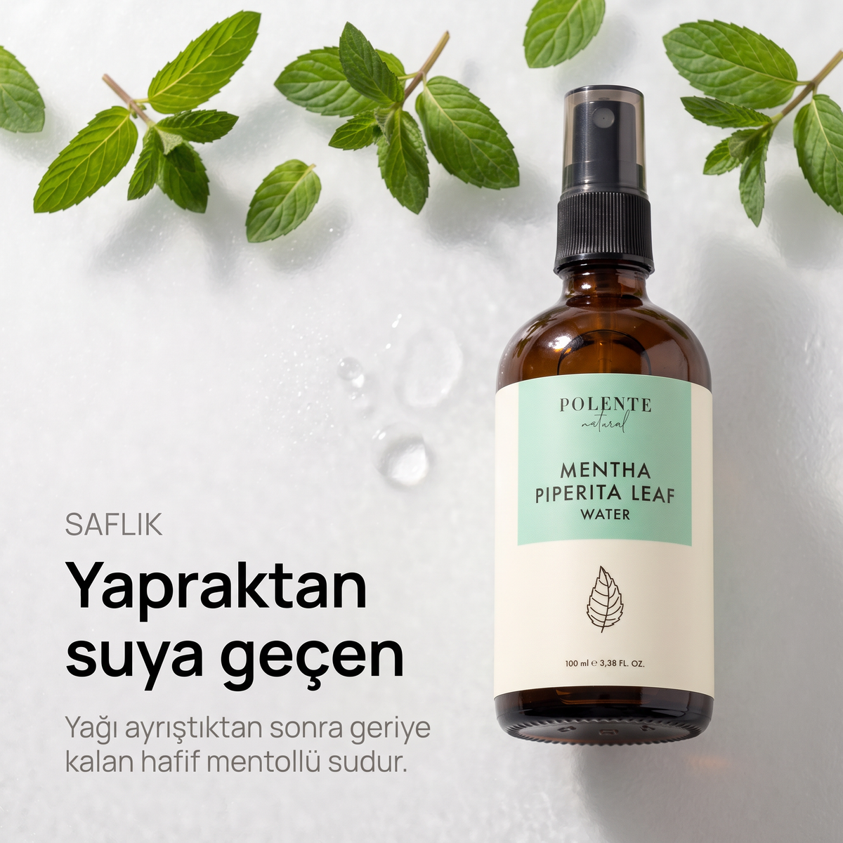 Nane Suyu %100 saf hidrosol 100 ml — yapraktan suya geçen mentollü su, tepeden görünüm