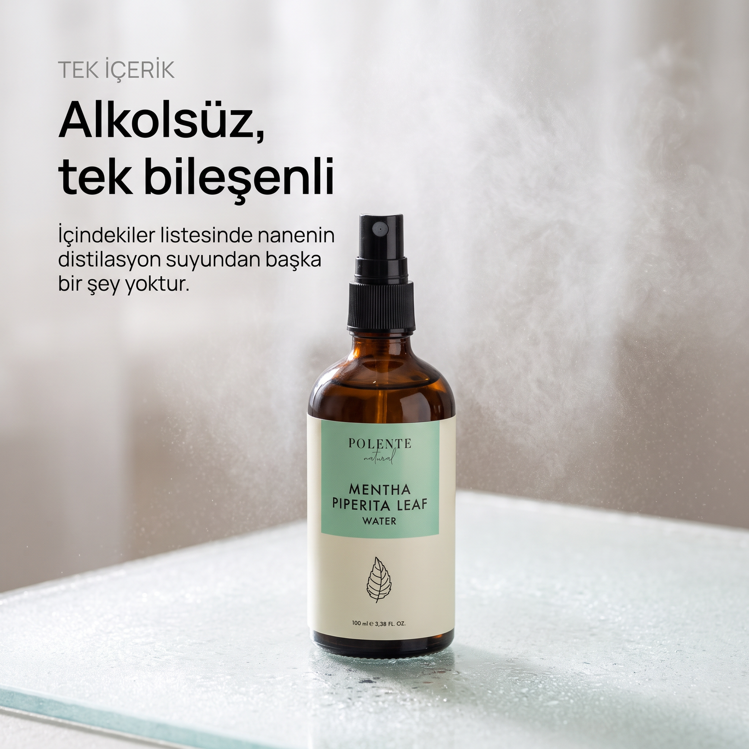 Nane Suyu %100 saf hidrosol 100 ml — alkolsüz, tek bileşenli: şişe yalnız, havada ince su buğusu
