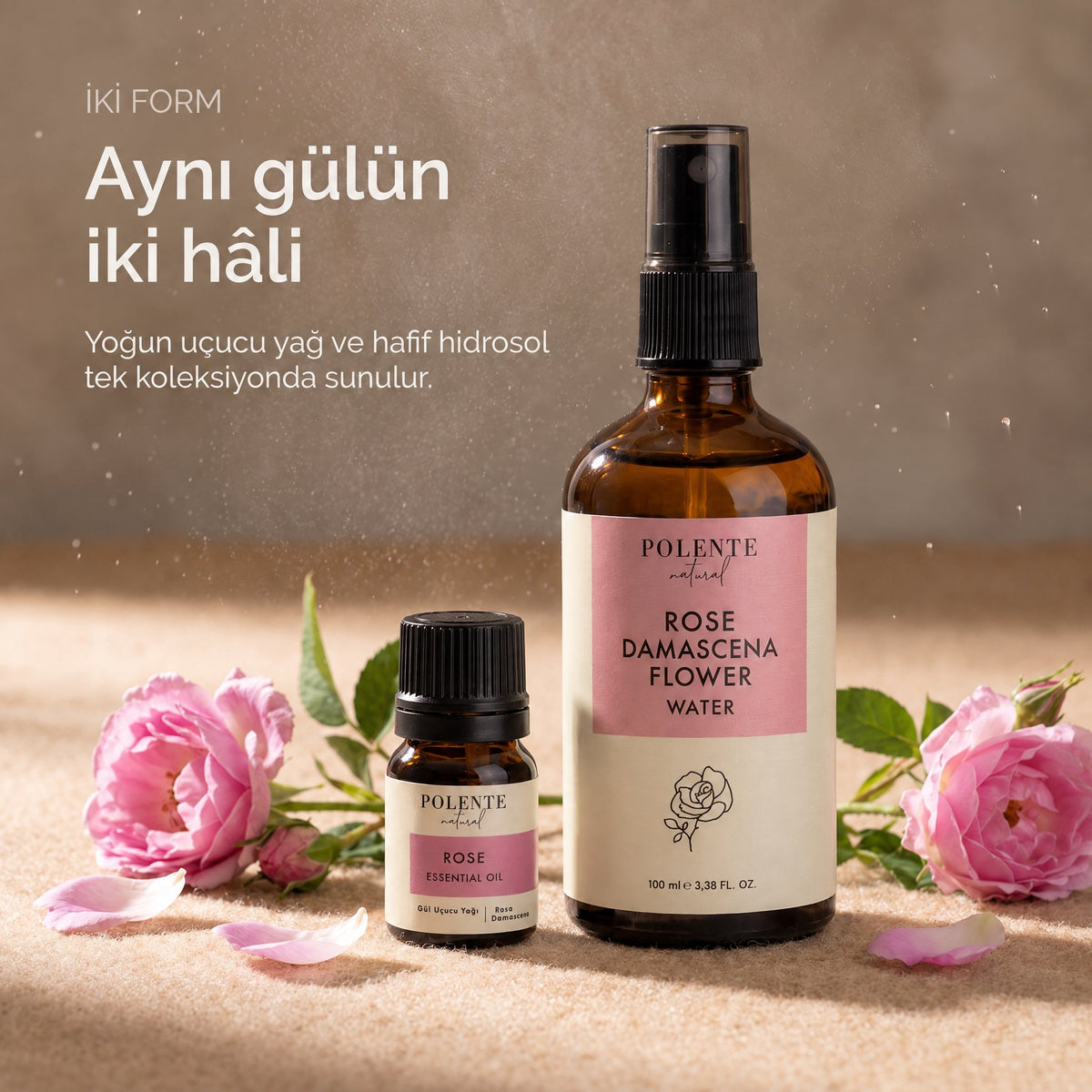 Gül Uçucu Yağı &amp; Gül Suyu Seti — uçucu yağ ve hidrosol şişeleri yan yana, aynı bitkinin iki formu