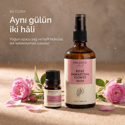 Gül Uçucu Yağı &amp; Gül Suyu Seti — uçucu yağ ve hidrosol şişeleri yan yana, aynı bitkinin iki formu