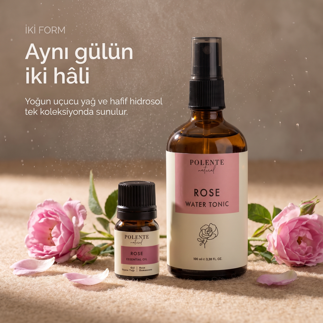 Gül Uçucu Yağı & Gül Suyu Seti — uçucu yağ ve hidrosol şişeleri yan yana, aynı bitkinin iki formu