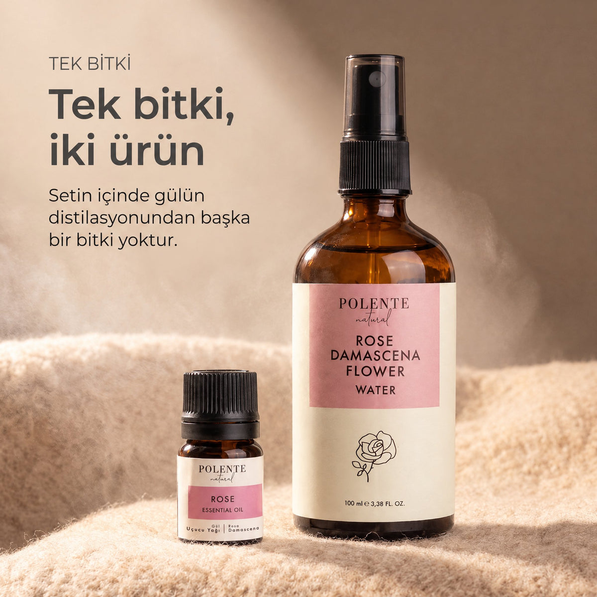 Gül Uçucu Yağı &amp; Gül Suyu Seti — tek bitki iki ürün, Isparta gülü uçucu yağı ve suyu bir arada
