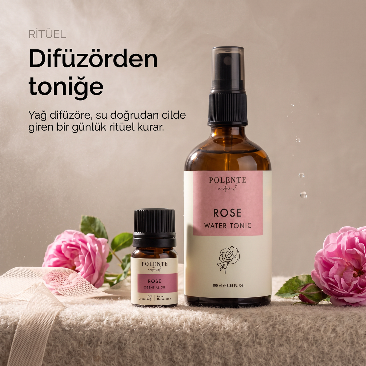 Gül Uçucu Yağı &amp; Gül Suyu Seti — Isparta gülü ritüeli, difüzörden toniğe günlük kullanım