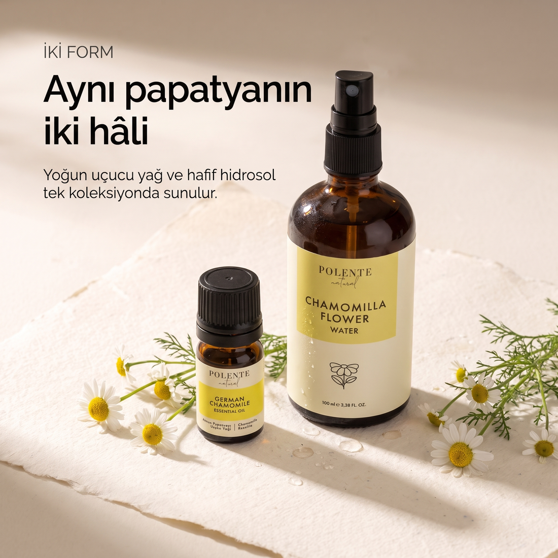 Papatya Uçucu Yağı & Papatya Suyu Seti — uçucu yağ ve hidrosol şişeleri yan yana, aynı bitkinin iki formu