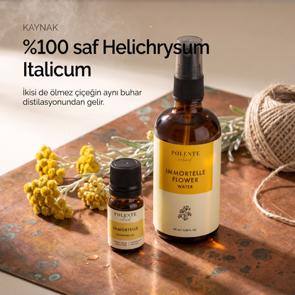 Ölmez Çiçek Uçucu Yağı &amp; Ölmez Çiçek Suyu Seti — %100 saf ölmez çiçek — uçucu yağ ve hidrosol aynı buhar distilasyonundan