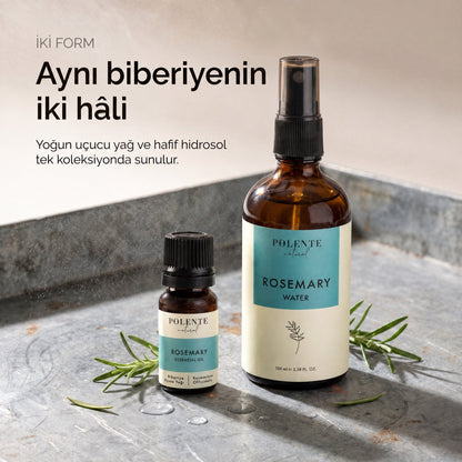 Biberiye Uçucu Yağı &amp; Biberiye Suyu Seti — uçucu yağ ve hidrosol şişeleri yan yana, aynı bitkinin iki formu