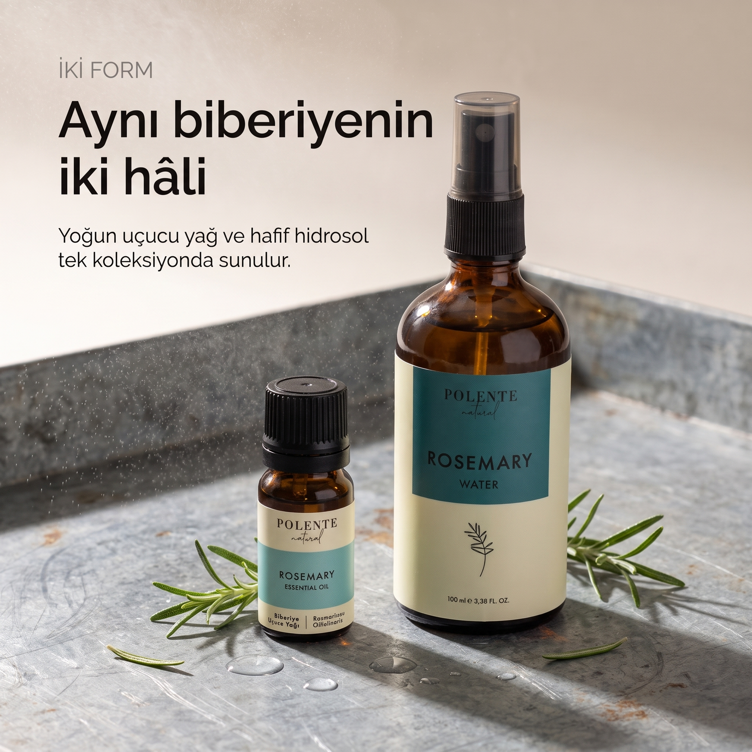 Biberiye Uçucu Yağı &amp; Biberiye Suyu Seti — uçucu yağ ve hidrosol şişeleri yan yana, aynı bitkinin iki formu