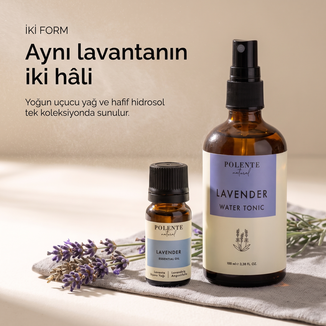 Lavanta Uçucu Yağı & Lavanta Suyu Seti — uçucu yağ ve hidrosol şişeleri yan yana, aynı bitkinin iki formu