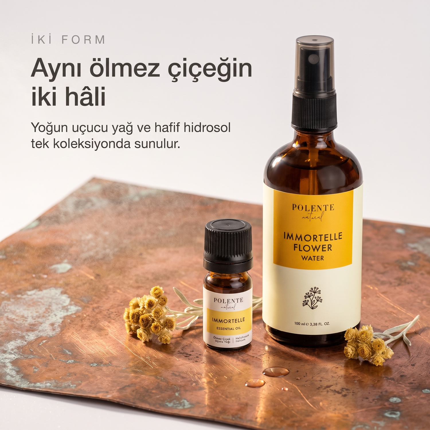 Ölmez Çiçek Uçucu Yağı &amp; Ölmez Çiçek Suyu Seti — uçucu yağ ve hidrosol şişeleri yan yana, aynı bitkinin iki formu