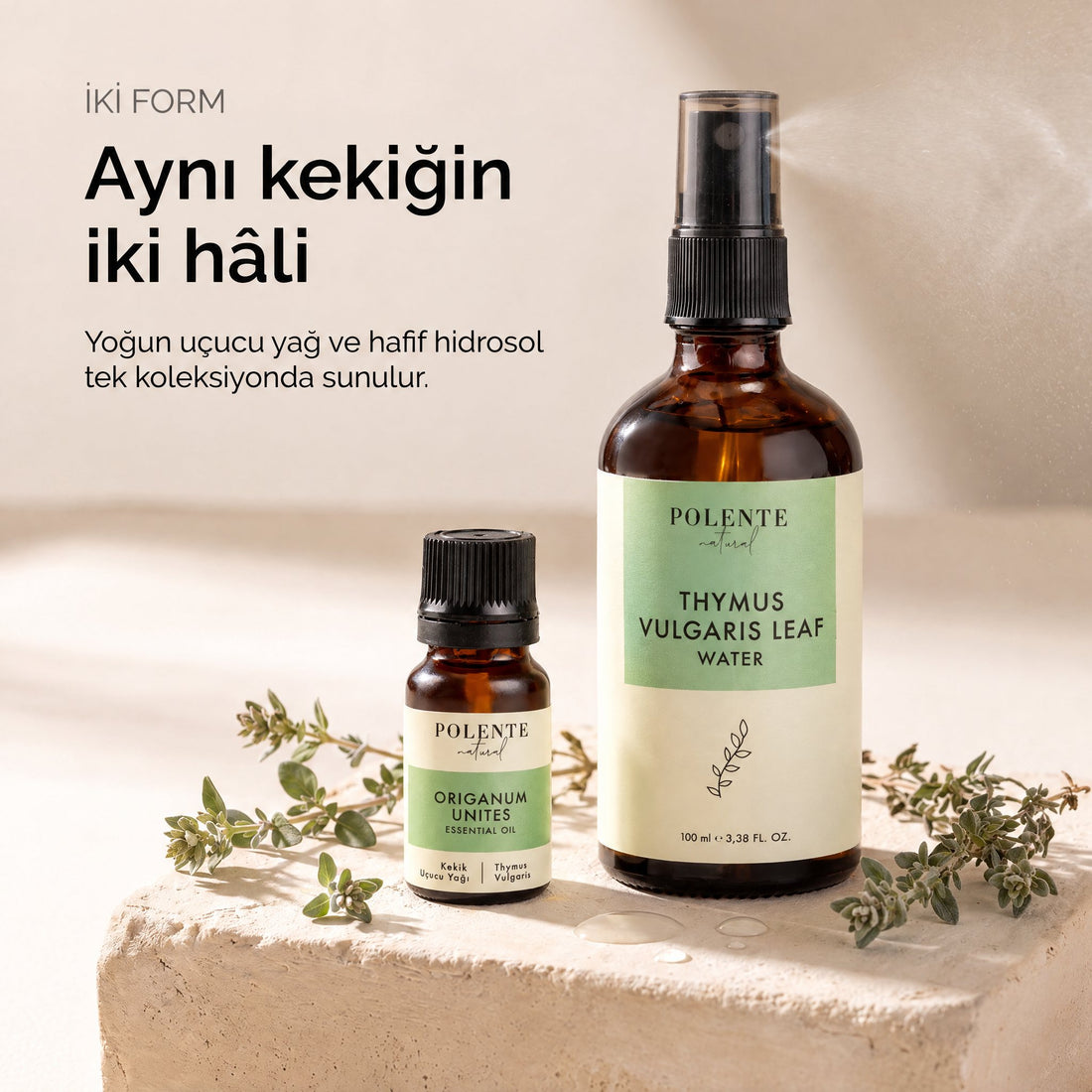 Kekik Uçucu Yağı &amp; Kekik Suyu Seti — uçucu yağ ve hidrosol şişeleri yan yana, aynı bitkinin iki formu