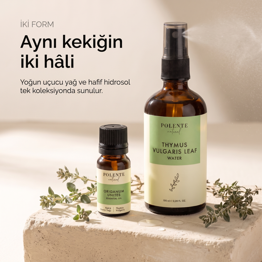 Kekik Uçucu Yağı &amp; Kekik Suyu Seti — uçucu yağ ve hidrosol şişeleri yan yana, aynı bitkinin iki formu