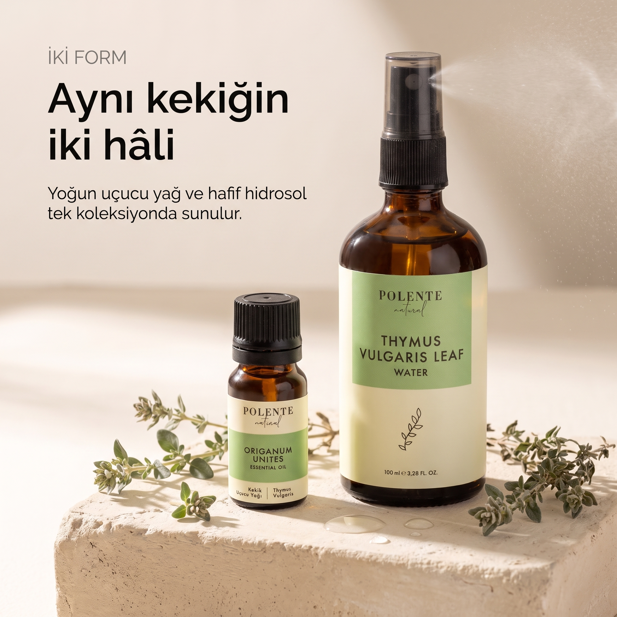 Kekik Uçucu Yağı &amp; Kekik Suyu Seti — uçucu yağ ve hidrosol şişeleri yan yana, aynı bitkinin iki formu