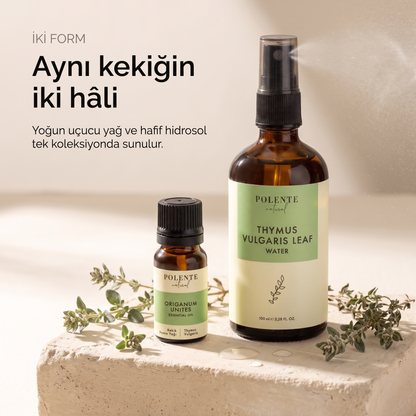 Kekik Uçucu Yağı &amp; Kekik Suyu Seti — uçucu yağ ve hidrosol şişeleri yan yana, aynı bitkinin iki formu