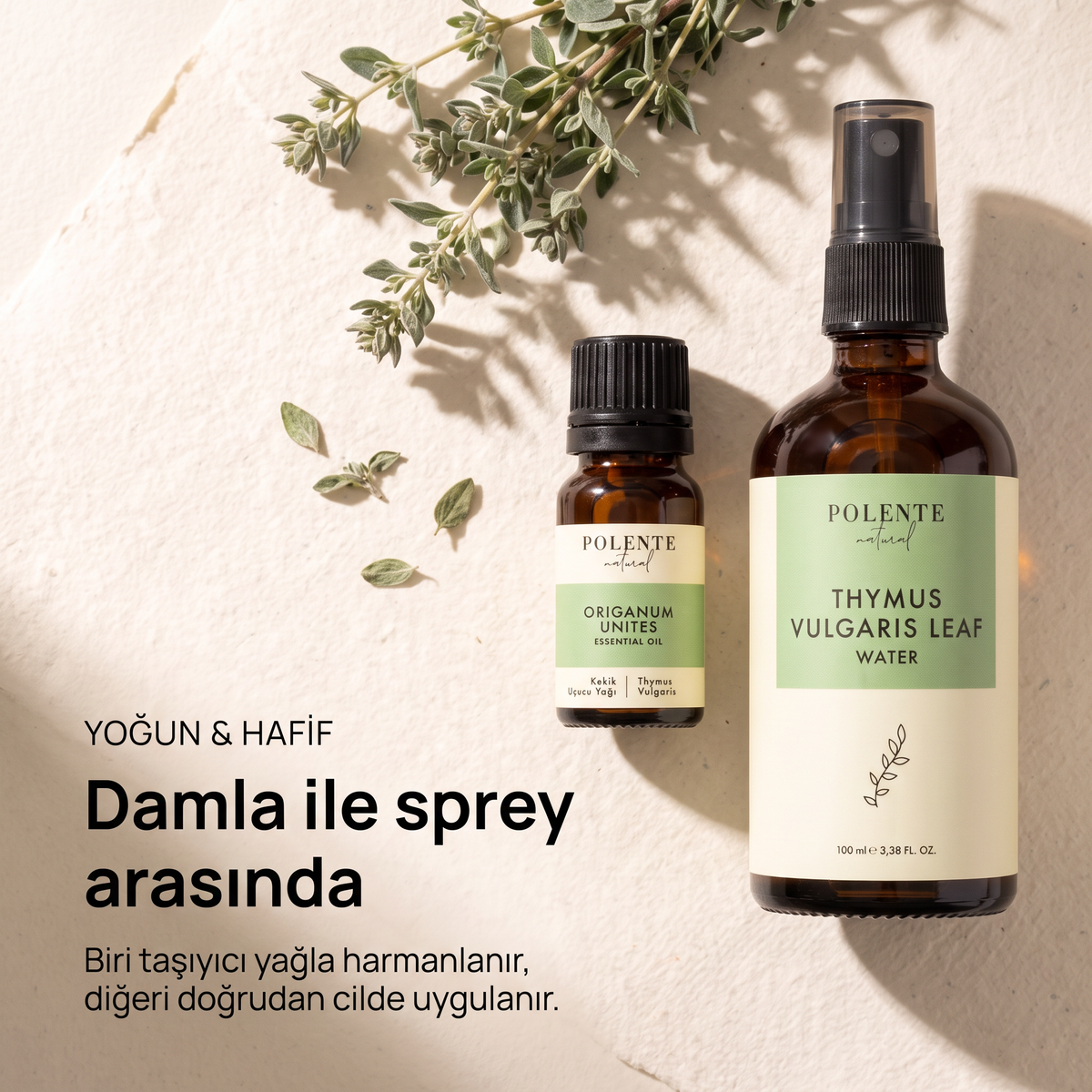 Kekik Uçucu Yağı &amp; Kekik Suyu Seti — yoğun uçucu yağ ve hafif hidrosol, damla ile sprey arasındaki fark